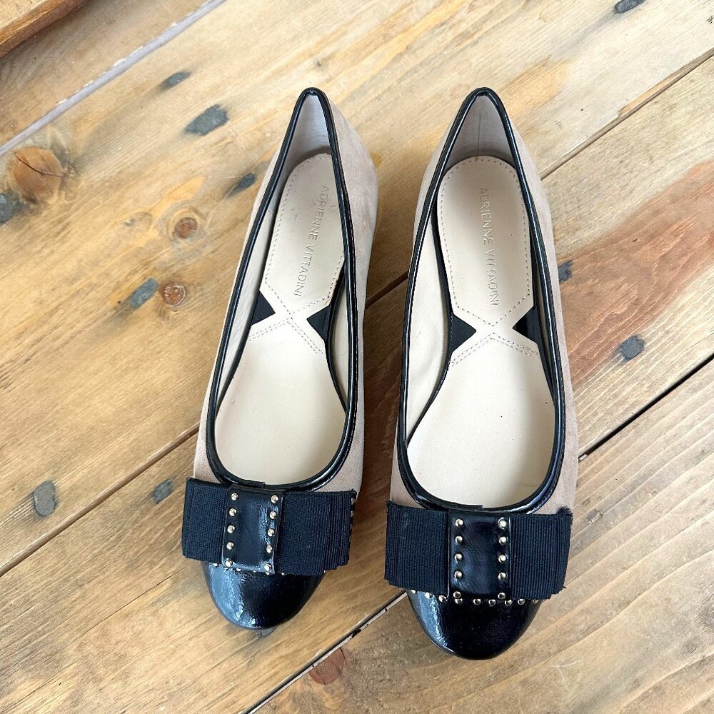 Adrienne Vittadini Leather Ballet Flats Bow Gold‎ Accents 6.5